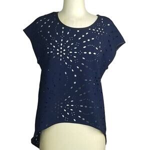 Alberto Makali Blouse S Blue Perforated  Design Artsy Lagenlook Asym Topper Hilo